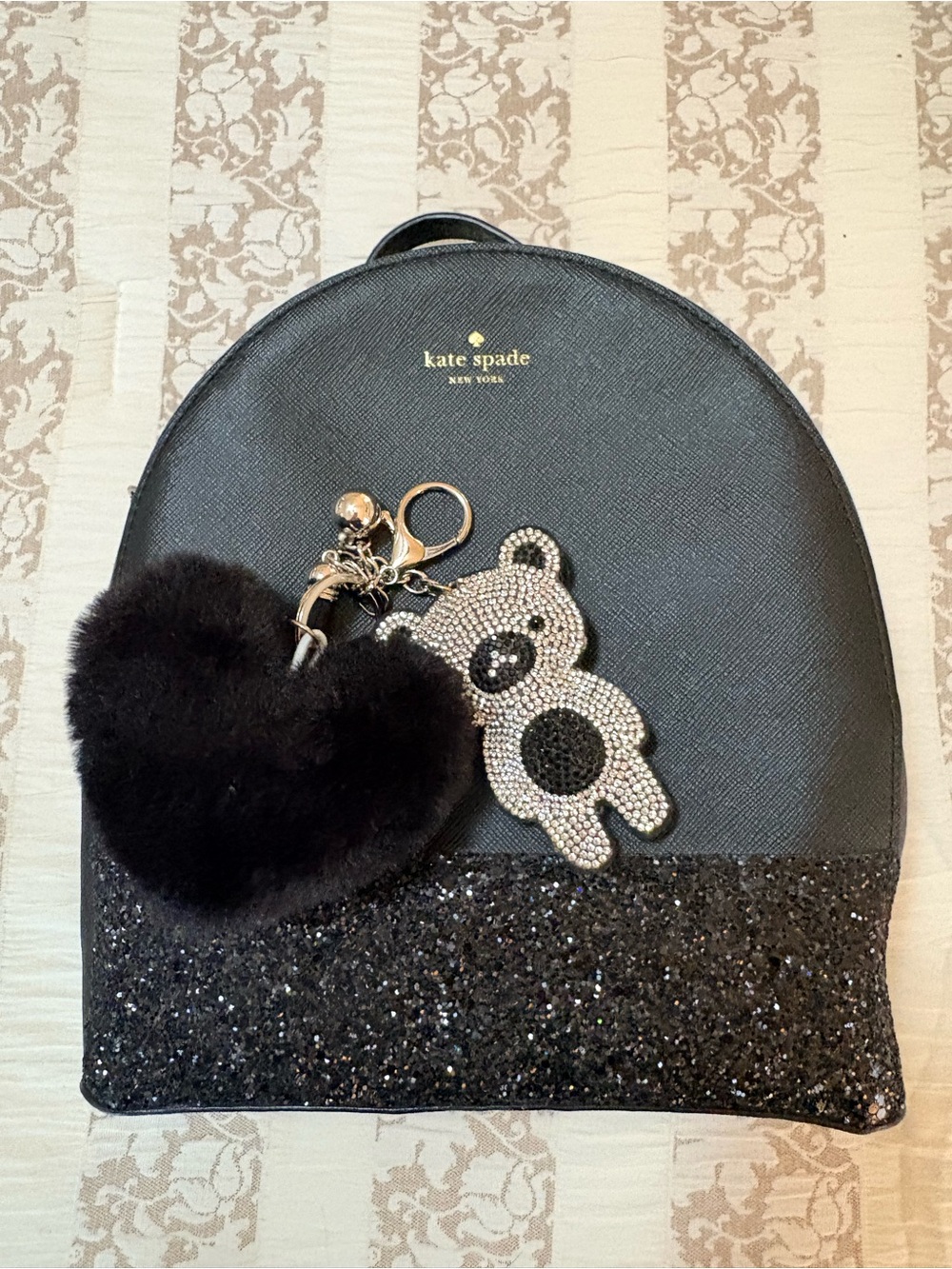 kate spade Black Glitter Backpack with Heart Pom & Bear Charm, great condition